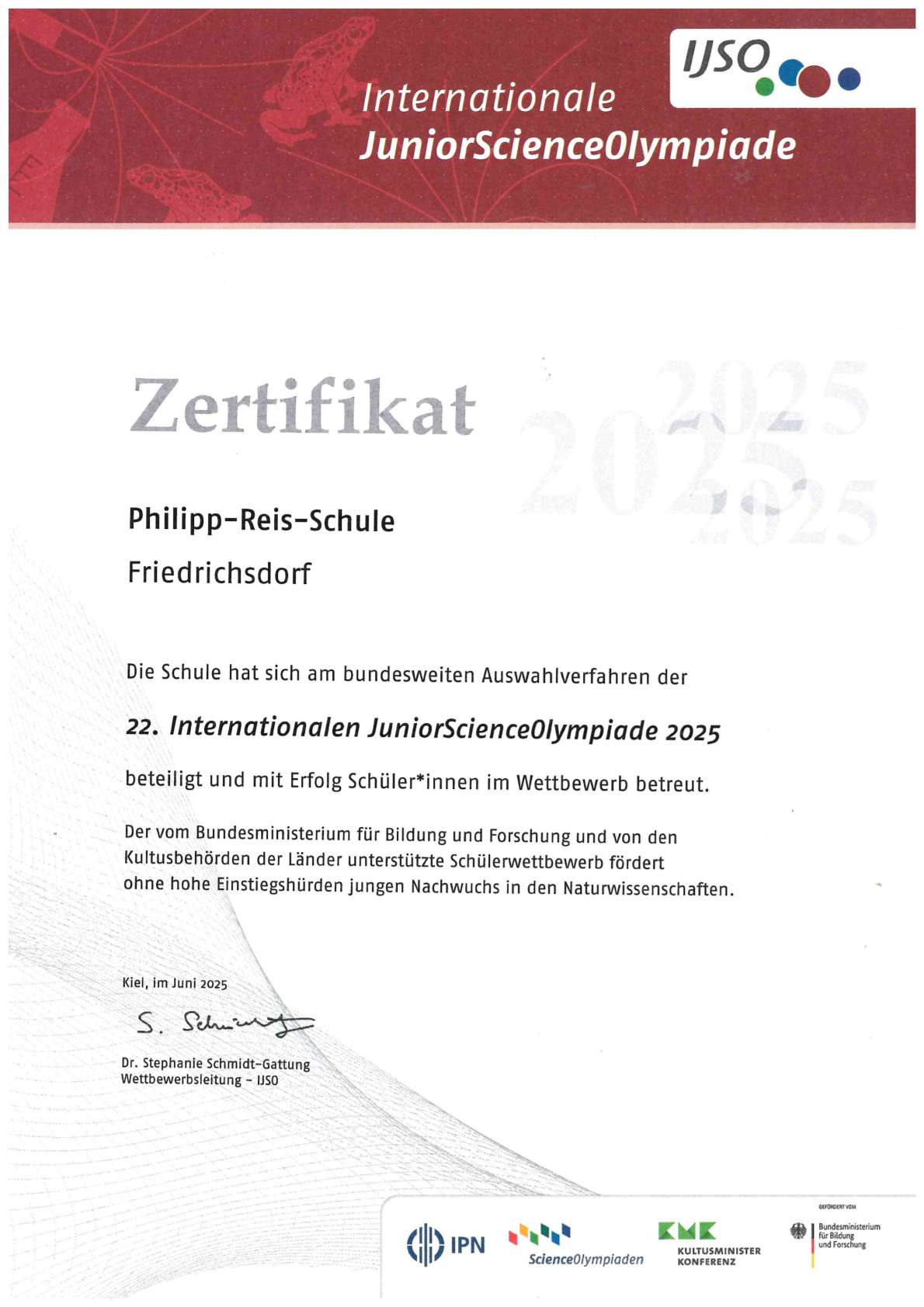 Die Urkunde zur JuniorScienceOlympiade 2025