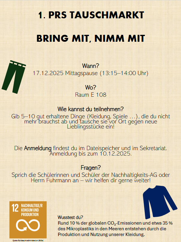 Plakat für Tauschmarkt am 17.12.2025 von 13:15 bis 14:00 in E108 Anmeldung im Sekretariat erforderlich