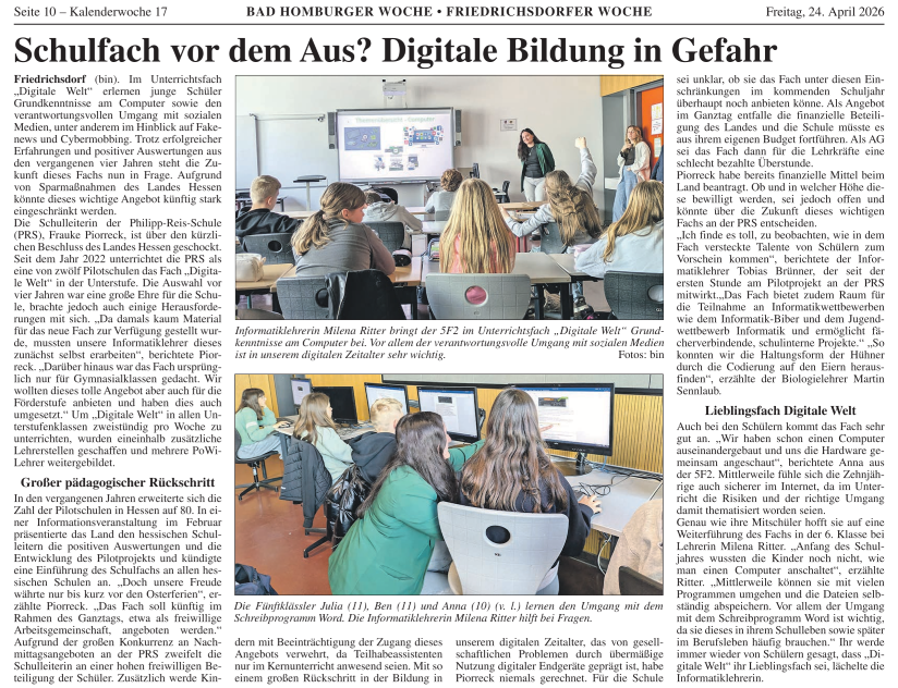 Artikel zum Fach "Digitale Welt" in der Friedrichsdorfer Woche vom 24.4.2026