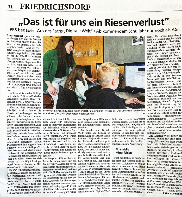 Artikel zum Fach "Digitale Welt" in der Taunuszeitung vom 25.4.2026