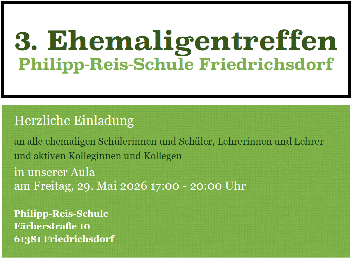 Ehemaligentreffen der PRS am 29.5.2026 in der Aula